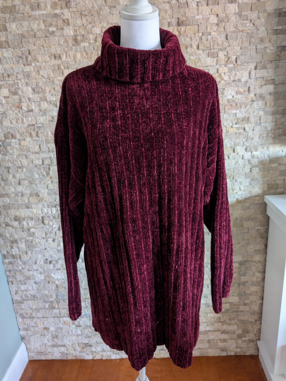 Vintage 80s 90s Forenza Turtleneck Sweater Tunic Chenille Red Burgundy Sz M